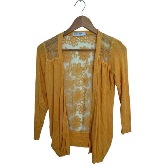Mustard Yellow Lace Back Cardigan Floral Boho Lightweight Sweater Size M - Picture 1 of 6